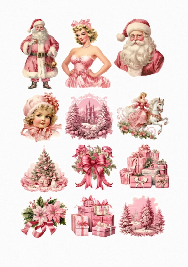 Une planche de douze stickers de style illustration vintage ou rétro, sur le thème de Noël dans des tons de rose poudré, blanc et doré. On y voit un Père Noël en costume rose, une pin-up blonde rétro, un portrait de jeune fille au chapeau rose fleuri, un Casse-Noisette ou un prince sur un cheval blanc, une fée ou une princesse en robe rose. La planche inclut également des éléments festifs comme un sapin de Noël enneigé décoré, des piles de cadeaux emballés avec des rubans roses, une couronne de houx et rubans, une poinsettia rose, et des paysages hivernaux avec des sapins. L'ensemble est doux, élégant et féerique. crées par véronique, créatrice de stickers