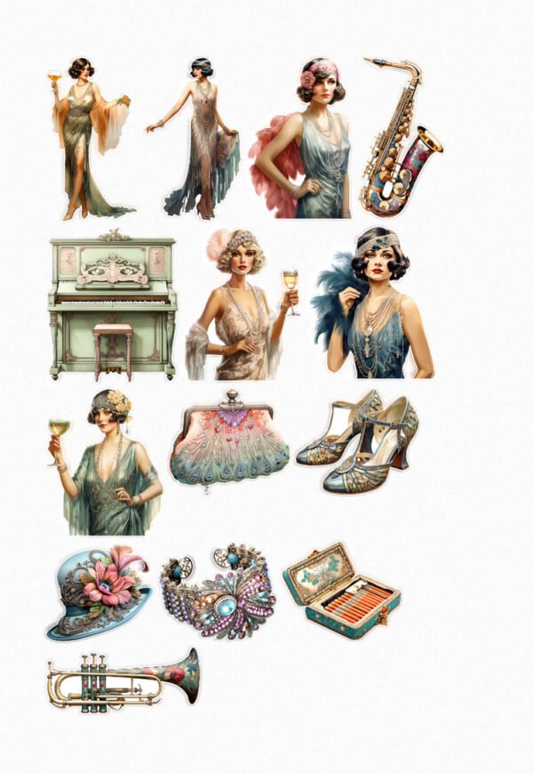 Une planche de quinze stickers de style illustration vintage, représentant des scènes et des objets emblématiques des années 1920. On y voit des femmes élégantes en robes de soirée style Charleston, avec des coiffures et accessoires d'époque ; un saxophone doré ; un piano ancien vert menthe ; un sac à main orné de plumes ; des chaussures à talons et lanières typiques ; un chapeau cloche décoré ; un bracelet orné de perles ; un petit coffre à crayons. Les couleurs sont des tons pastels et doux, avec des accents dorés et des nuances de vert et de bleu. crées par véronique, créatrice de stickers