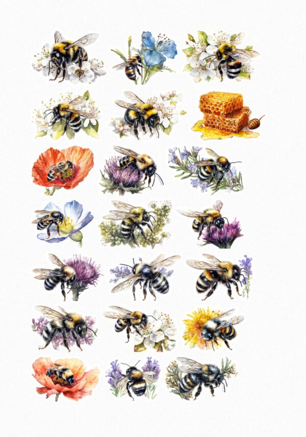Une planche de seize stickers de style illustration réaliste ou aquarelle, représentant des abeilles (bourdons) de différentes tailles et dans diverses situations. On les voit butinant sur une variété de fleurs (blanc, rouge, violet, jaune), en vol, ou posées sur des feuilles. La planche inclut également des éléments liés au miel, comme un rayon de miel riche en nectar. Les abeilles sont détaillées, avec leurs corps velus et leurs ailes translucides. Les couleurs sont vives et naturelles, évoquant un jardin fleuri. crées par véronique, créatrice de stickers