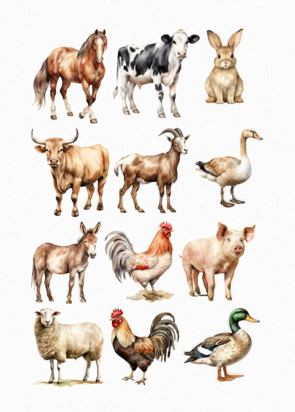 Une planche de douze stickers de style aquarelle, représentant divers animaux de la ferme. On y voit un cheval marron, une vache pie noire et blanche, un lapin brun, un taureau, une chèvre, une oie, un âne, un coq coloré, un cochon rose, un mouton blanc, un poulet ou une poule, et un canard colvert. Chaque animal est illustré avec des détails réalistes et une texture douce d'aquarelle. crées par véronique, créatrice de stickers