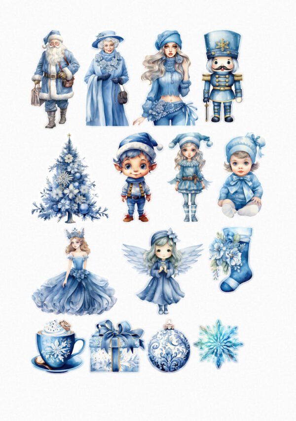 Une planche de seize stickers de style illustration de personnages et éléments de Noël dans des tons de bleu glacé, blanc et argent. On y voit un Père Noël, une Mère Noël, une femme élégante et un Casse-Noisette, tous vêtus de tenues bleues. La planche inclut également un sapin de Noël décoré de flocons, des enfants (elfes, bébé) en costumes bleus, une princesse et une fée aux ailes délicates, toutes en bleu. Des éléments festifs comme une chaussette de Noël, une tasse de chocolat chaud, un cadeau emballé, une boule de Noël ornée et un flocon de neige complètent le thème. crées par véronique, créatrice de stickers