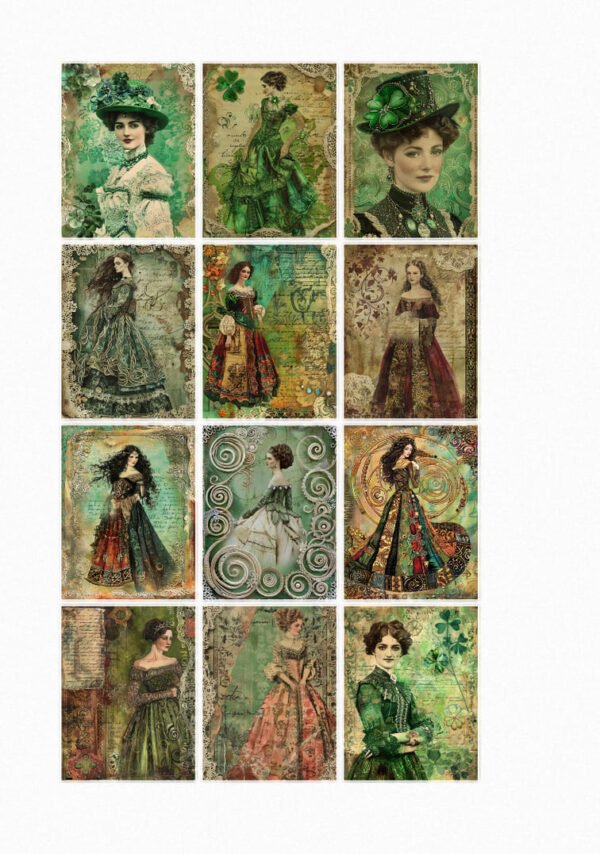 Une planche de douze stickers de style illustration vintage ou artistique, représentant des femmes élégantes en tenues victoriennes ou d'époque. Les dames portent des robes somptueuses dans des tons de vert émeraude, bordeaux, or, et des chapeaux ornés. Certaines sont représentées en portrait, d'autres en pied dans des poses gracieuses. L'arrière-plan de chaque sticker est texturé, évoquant des papiers anciens, avec des motifs floraux ou des écritures. L'ensemble est raffiné, nostalgique et artistique. crées par véronique, créatrice de stickers