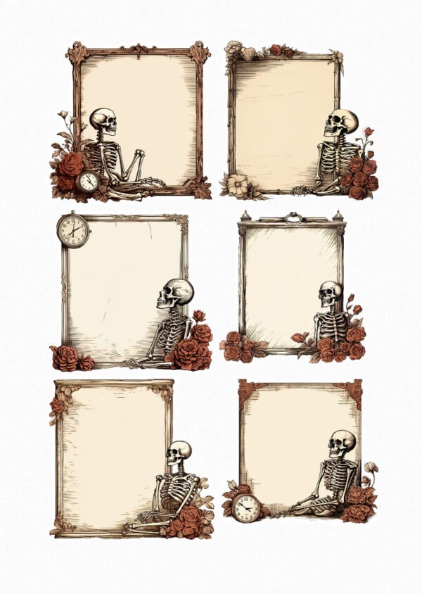 Une planche de six stickers de style illustration vintage ou gravure, représentant des cadres anciens ornés de squelettes et de roses. Chaque cadre présente un espace central vide, idéal pour y insérer du texte ou d'autres motifs. Les squelettes sont positionnés de manière décorative, parfois accoudés ou allongés, entourés de roses rouges et de montres de poche à l'ancienne. Les couleurs sont des tons sépia, crème, marron et rouge brique. L'ensemble évoque une ambiance romantique, historique et légèrement macabre. crées par véronique, créatrice de stickers