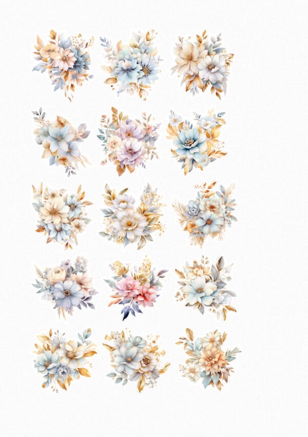 Une planche de douze stickers de style illustration aquarelle, représentant des bouquets de fleurs aux couleurs douces et pastel. Les bouquets contiennent des fleurs dans des tons de bleu clair, rose pâle, crème, jaune doux et blanc, avec des feuilles vertes délicates et des accents dorés. Les compositions sont aérées et lumineuses, évoquant une ambiance printanière et romantique. crées par véronique, créatrice de stickers