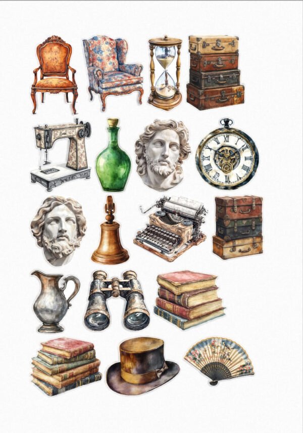 Une planche de dix-huit stickers de style illustration réaliste ou aquarelle détaillée, représentant une collection d'objets anciens et vintage. On y voit deux fauteuils élégants (l'un en bois sculpté, l'autre floral), un sablier, des piles de valises en cuir, une machine à coudre ancienne, une bouteille en verre verte, deux bustes de statues classiques, une montre à gousset, une cloche, une machine à écrire vintage, une pile de valises plus petites, une cruche en céramique, des jumelles anciennes, des piles de livres anciens, un chapeau haut de forme et un éventail plié décoré. Les couleurs sont des tons sépia, marron, vert, doré et crème. crées par véronique, créatrice de stickers