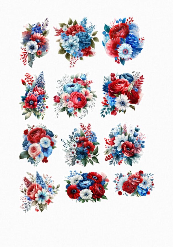 Une planche de douze stickers de style illustration aquarelle, représentant des bouquets de fleurs aux couleurs vives : rouge, bleu et blanc. On y voit principalement des roses, des pivoines et des marguerites, complétées par de petites baies rouges et du feuillage vert. Les compositions sont dynamiques et colorées, évoquant une ambiance joyeuse et festive. crées par véronique, créatrice de stickers