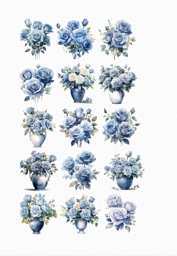 Une planche de quinze stickers de style illustration aquarelle, représentant des bouquets et des compositions de roses bleues dans différentes nuances, allant du bleu clair au bleu-gris. Certaines compositions incluent des feuilles vertes et des roses blanches ou crème pour ajouter du contraste. Les roses sont représentées de manière réaliste avec des détails sur les pétales et les ombres. L'ensemble dégage une ambiance douce, romantique et onirique. crées par véronique, créatrice de stickers