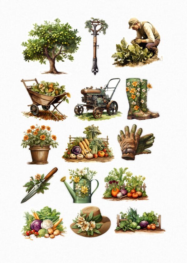 Une planche de quinze stickers de style illustration réaliste ou aquarelle vintage, sur le thème du jardinage et de la vie rurale. On y voit un pommier ou un oranger chargé de fruits, un outil de jardinage ancien (sorte de râteau ou cultivateur), un jardinier penché sur ses plantes, une brouette remplie de légumes, un tracteur ancien ou motoculteur, des bottes de jardinage fleuries, des gants de jardinage en cuir, un pot de fleurs avec des soucis, une pile de légumes racines et choux, une transplantoir, un arrosoir décoré de fleurs, une pile de légumes variés, un chapeau de paille orné de fleurs, et deux caisses de légumes fraîchement récoltés. Les couleurs sont des tons naturels, terreux, verts et orangés. crées par véronique, créatrice de stickers