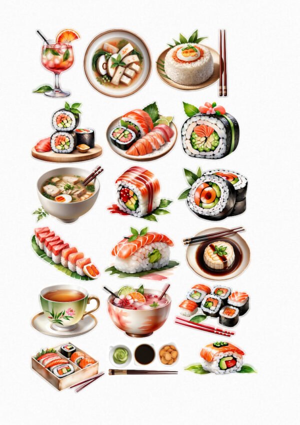 Une planche de seize stickers de style illustration réaliste ou aquarelle, représentant une variété de plats et d'éléments de la cuisine japonaise. On y voit différents types de sushis et makis (saumon, avocat, concombre), des bols de ramen ou de soupe miso avec œufs et nouilles, un cocktail avec une tranche d'orange, du riz blanc avec un œuf et des herbes, des sauces (soja, wasabi), des cacahuètes, et une tasse de thé vert. Les illustrations sont détaillées, mettant en valeur la fraîcheur et la présentation artistique des plats. crées par véronique, créatrice de stickers