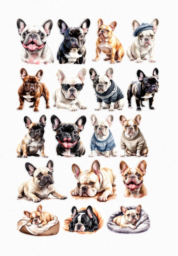 Une planche de quinze stickers de style illustration réaliste ou stylisée, représentant des Bouledogues Français de différentes couleurs (fauve, noir, blanc, bringé) et dans diverses poses. On les voit assis, couchés, avec des expressions joyeuses, curieuses, ou câlines. Certains portent des accessoires comme un béret, des lunettes, ou un pull. La planche inclut aussi des bouledogues français dans leur panier ou leur lit douillet. L'ensemble est mignon, affectueux et met en valeur la personnalité de ces chiens. crées par véronique, créatrice de stickers