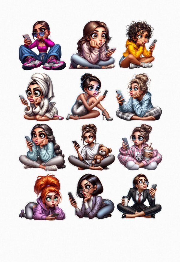 Une planche de douze stickers de style illustration de personnages de dessin animé ou manga, représentant des jeunes femmes avec des tenues variées, toutes absorbées par l'utilisation de leur téléphone portable. Elles sont assises ou allongées, avec des expressions diverses (concentrées, surprises, pensives, souriantes, fatiguées). Leurs vêtements et accessoires incluent des tenues décontractées (pyjama, jogging, sweat), des tenues plus habillées (robe, tailleur), des serviettes de bain, un doudou ours en peluche, et une tasse de café. Les couleurs sont vives et variées. crées par véronique, créatrice de stickers