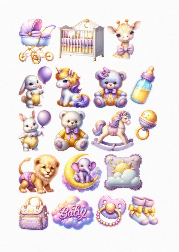 Une planche de dix-huit stickers de style illustration douce et enfantine, sur le thème de la petite enfance et des bébés. On y voit des animaux adorables (lapins, licorne, oursons, girafe, lionceau, éléphanteau) dans des tons pastel de violet, rose et jaune. Les éléments incluent un landau, un berceau, un biberon, une veilleuse en forme de lune, des bébés animaux dans des coussins ou lits douillets, un cheval à bascule, un hochet, un sac à langer, des nuages avec l'inscription "Baby", une tétine et des chaussons de bébé. L'ensemble est très mignon, doux et rempli de tendresse. crées par véronique, créatrice de stickers