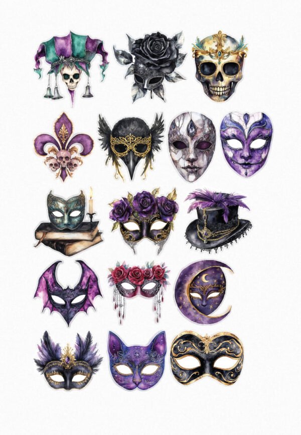 Une planche de dix-huit stickers de style illustration artistique, sur le thème du carnaval, du bal masqué et du mystère. Les couleurs dominantes sont le violet, le vert émeraude, le noir et l'or. On y voit un jester ou bouffon stylisé avec un crâne, un crâne orné d'une couronne, des bouquets de roses noires, et de nombreux masques vénitiens et fantaisistes (dont certains en forme de chat, de hibou, de chauve-souris), richement décorés de plumes, de motifs baroques, de fleurs ou de cornes. Un chapeau haut de forme orné de plumes et de chaînes, une fleur de lys stylisée, et une lune en croissant avec un masque sont également présents. crées par véronique, créatrice de stickers