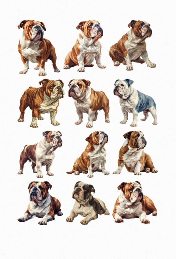Une planche de douze stickers de style illustration réaliste, représentant différentes races de bouledogues (bouledogue anglais, bouledogue américain, Olde English Bulldogge) dans diverses poses. On y voit des chiens assis, allongés, ou dans des positions amusantes, avec des pelages aux couleurs variées (blanc, marron, bringé, beige). Les illustrations capturent la physionomie caractéristique des bouledogues, avec leurs plis distinctifs et leurs expressions attachantes. crées par véronique, créatrice de stickers