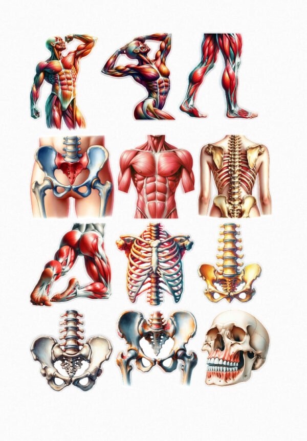 Une planche de douze stickers de style illustration anatomique détaillée. On y voit des représentations du corps humain, notamment des muscles (torse, jambes, bras, fessiers) et des squelettes (crâne, colonne vertébrale, bassin). Chaque élément est découpé avec précision, mettant en évidence les structures musculaires et osseuses. Les illustrations sont réalistes, dans des tons de rouge pour les muscles et de beige pour les os. crées par véronique, créatrice de stickers