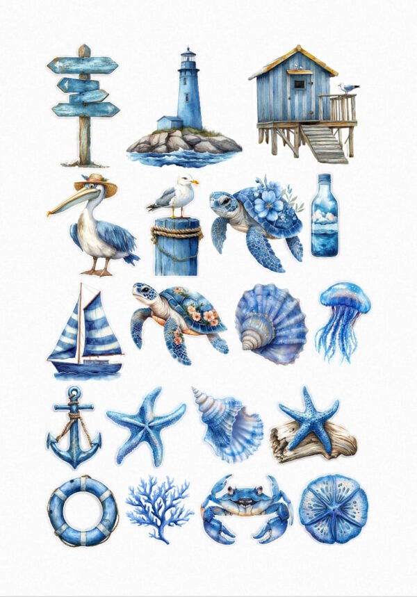 Une planche de vingt-et-un stickers de style illustration aquarelle, sur le thème de la mer et de la vie marine, dans des tons de bleu et de beige. On y voit des éléments nautiques comme un panneau indicateur en bois, un phare, une cabane de pêcheur sur pilotis, une ancre, une bouée de sauvetage et un voilier. La faune marine est représentée par une tortue de mer avec des fleurs, une tortue sans fleurs, un pélican coiffé d'un chapeau de paille, une mouette, une méduse bleue, un crabe bleu, des étoiles de mer bleues et des coquillages bleus (dont un nautile et un conque). Des éléments végétaux marins (coraux) et une bouteille à la mer sont également présents. crées par véronique, créatrice de stickers