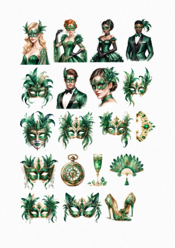 Une planche de vingt-cinq stickers de style illustration réaliste et artistique, sur le thème du bal masqué et du carnaval. On y voit quatre personnages élégants (deux femmes en robes de soirée vertes et deux hommes en costumes verts) portant des masques ou des loups ornés de plumes et de motifs végétaux. La planche est majoritairement composée de masques vénitiens richement décorés, avec des plumes, des feuilles et des ornements dorés, dans des tons de vert émeraude. D'autres éléments incluent un bracelet doré orné de gemmes vertes, une montre à gousset dorée, une flûte à champagne verte, un éventail ouvragé vert et doré, et des chaussures à talon aiguille vertes et dorées. Les illustrations sont détaillées et luxueuses. crées par véronique, créatrice de stickers