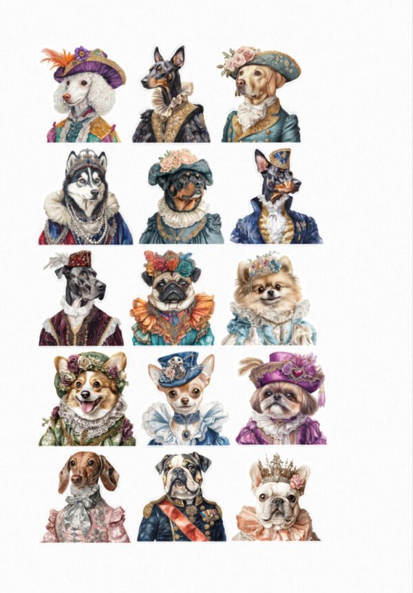 Une planche de douze stickers de style illustration fantaisiste, représentant différentes races de chiens (caniche, doberman, lévrier, husky, rottweiler, carlin, spitz, corgi, chihuahua, pékinois, teckel, bouledogue anglais, bouledogue français) vêtus de costumes d'époque : chapeaux, collerettes, robes élégantes, uniformes militaires, couronnes. Chaque chien est présenté comme un portrait "aristocratique" ou "royal". Les illustrations sont détaillées et pleines d'humour, avec des couleurs riches et des expressions variées. crées par véronique, créatrice de stickers